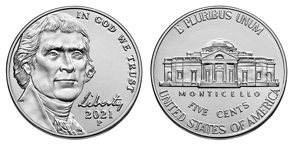 2021-P Jefferson nickel obverse and reverse showing Thomas Jefferson portrait and Monticello with Full Steps