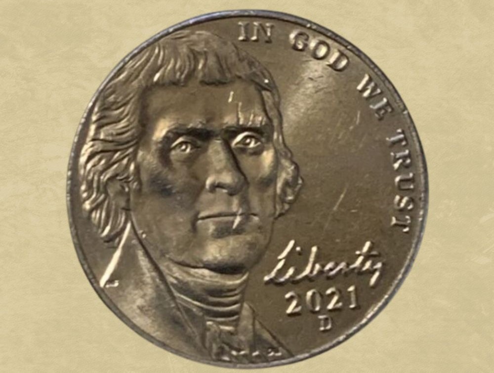 2021-D nickel Scarface die crack error showing raised metal line across Jefferson's portrait