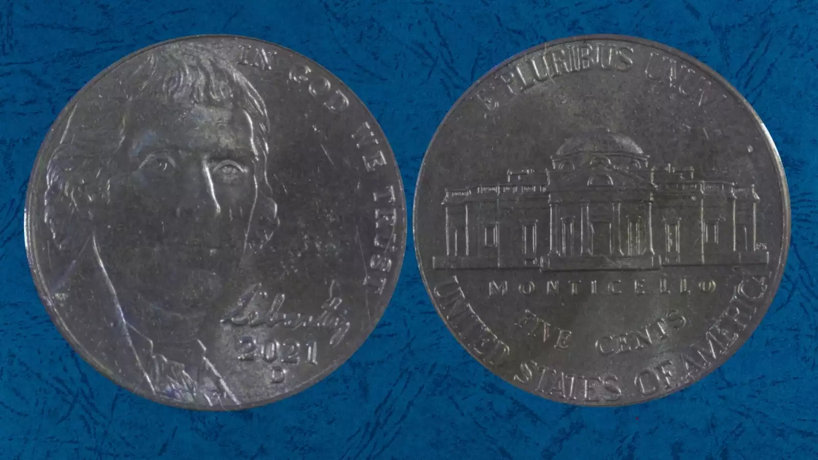 2021-P nickel black toning error from improperly annealed planchet showing two-toned silver and black coloring