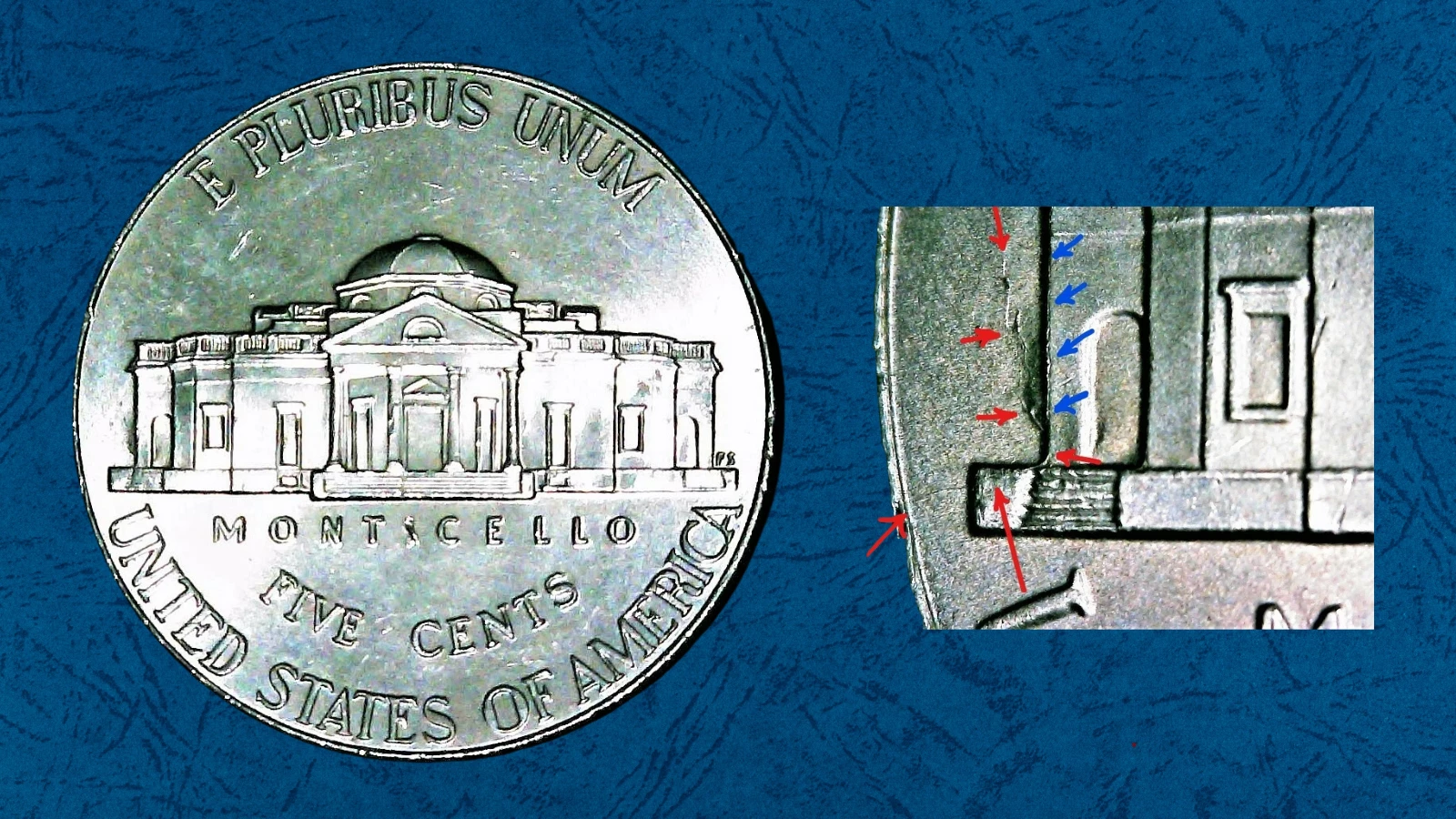2021-D nickel reverse cud error showing raised blob of displaced metal at the coin rim