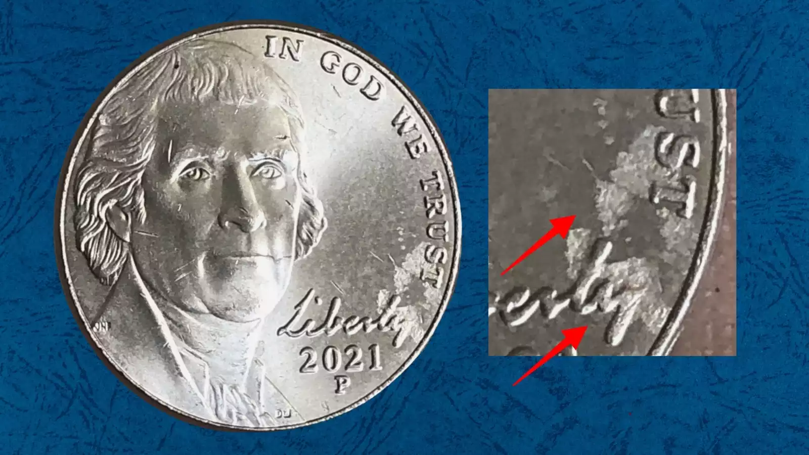 2021-P nickel struck through grease error showing filled-in and mushy Monticello steps on the reverse