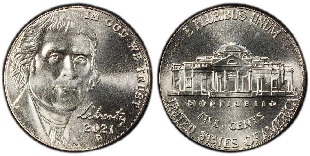 Four 2021 Jefferson nickels in a grading strip showing worn, circulated, uncirculated, and gem condition